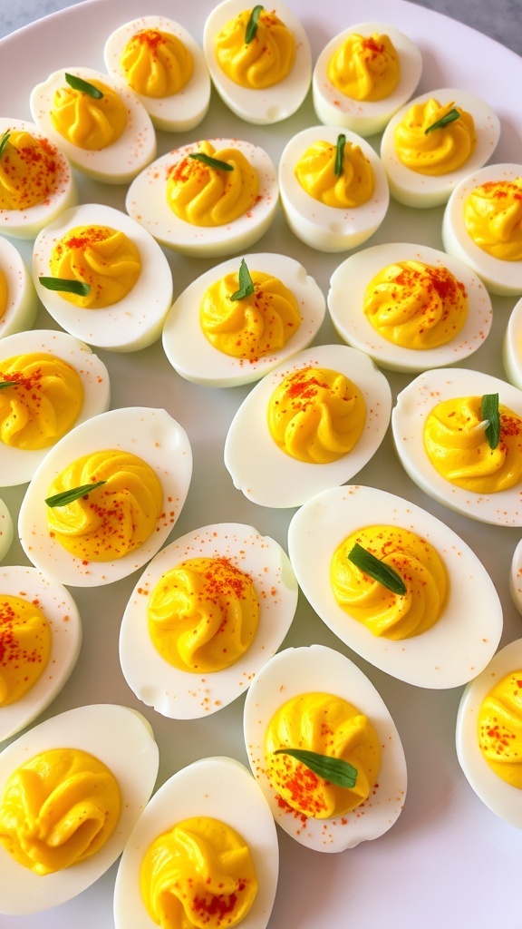 Classic Deviled Eggs Recipe A platter of deviled eggs garnished with paprika and herbs.